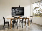 Striped Zebra Trio animal canvas print on the wall of a dining room