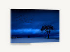 Blue Hour Geese, blue winter dusk tree photograph, landscape canvas wall art print ready to hang
