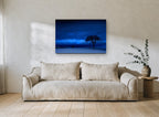Blue Hour Geese landscape canvas print on the wall of a living room