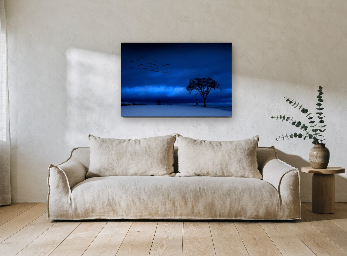 Blue Hour Geese landscape canvas print on the wall of a living room