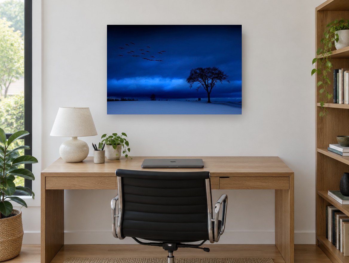 Blue Hour Geese landscape canvas print on the wall of a study