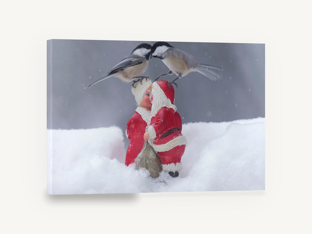 Chickadees Meet Santa, chickadees on santa figurines photograph, animal canvas wall art print ready to hang