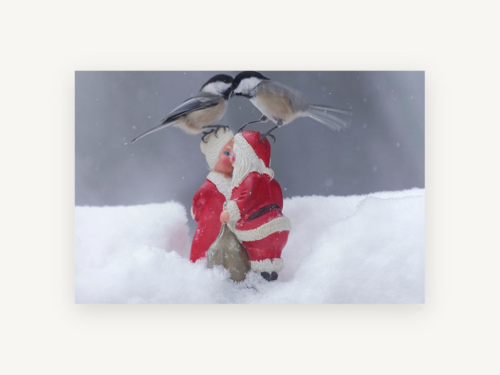 Chickadees Meet Santa, chickadees on santa figurines photograph, animal canvas wall art print, front view