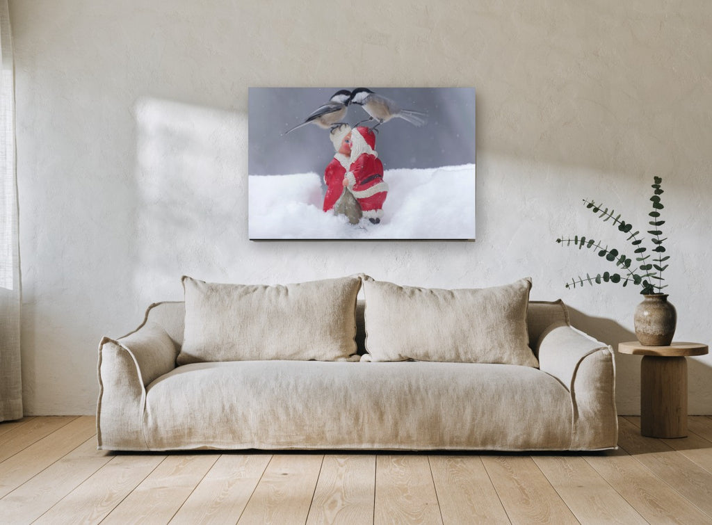 Chickadees Meet Santa animal canvas print on the wall of a living room