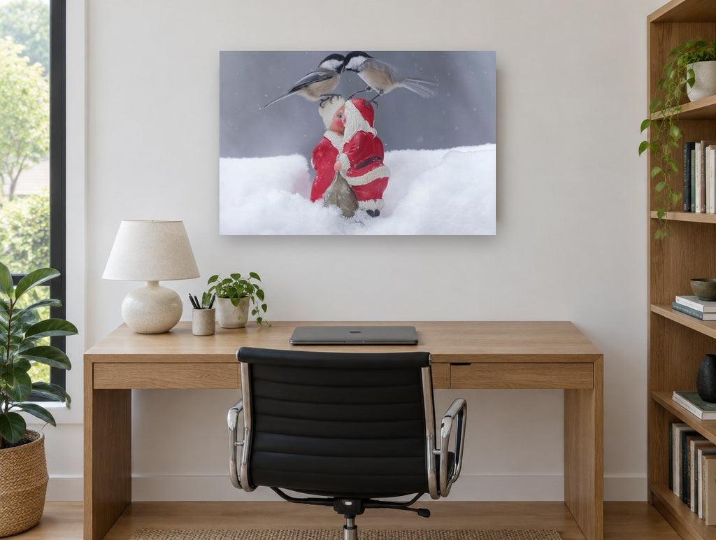 Chickadees Meet Santa animal canvas print on the wall of a study