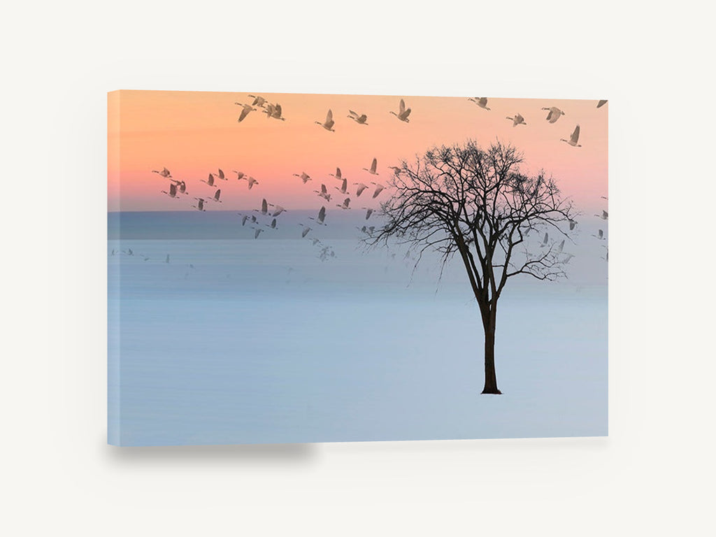 Geese at Dusk, geese over lone tree photograph, landscape canvas wall art print ready to hang