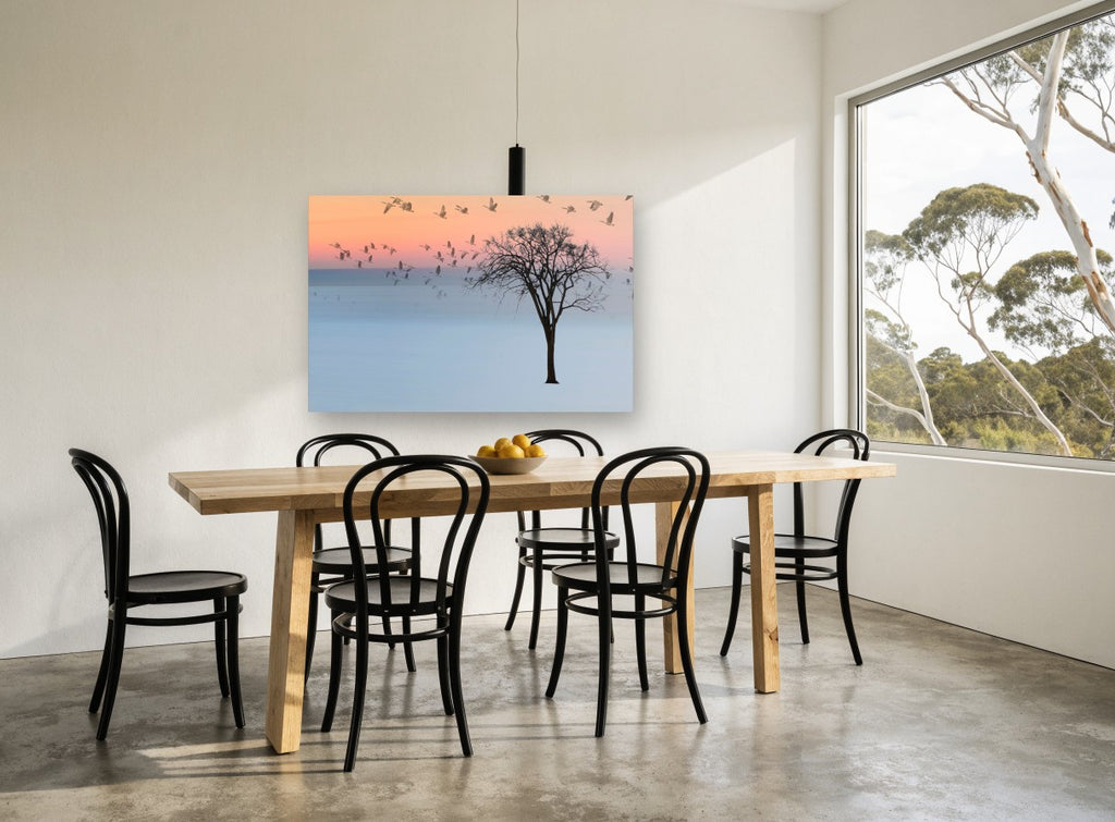 Geese at Dusk landscape canvas print on the wall of a dining room
