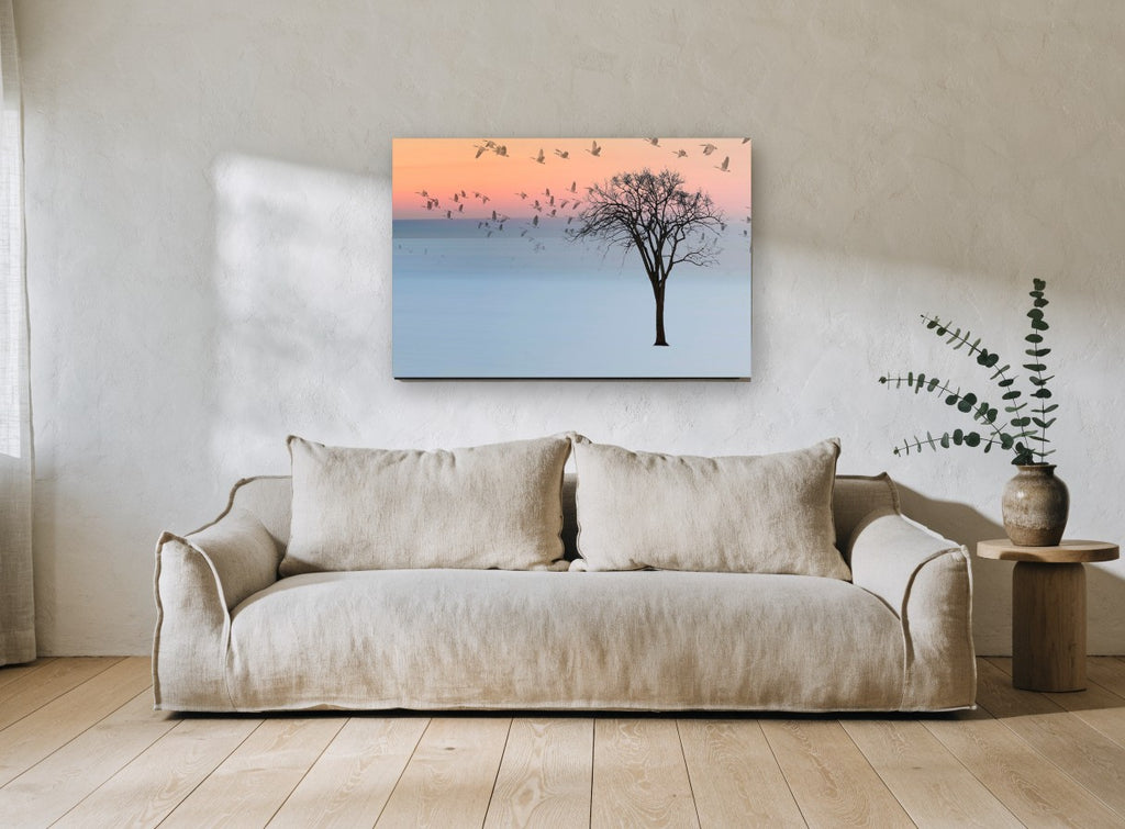 Geese at Dusk landscape canvas print on the wall of a living room
