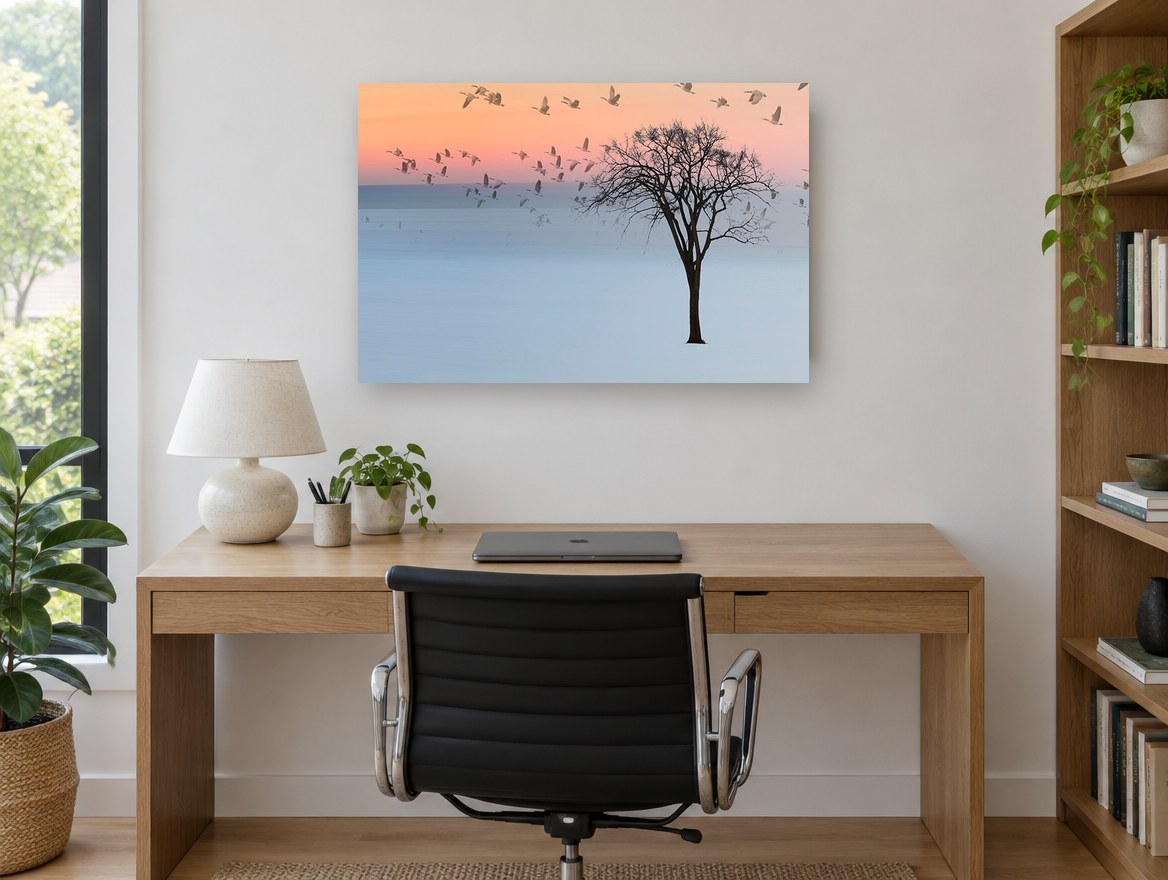 Geese at Dusk landscape canvas print on the wall of a study