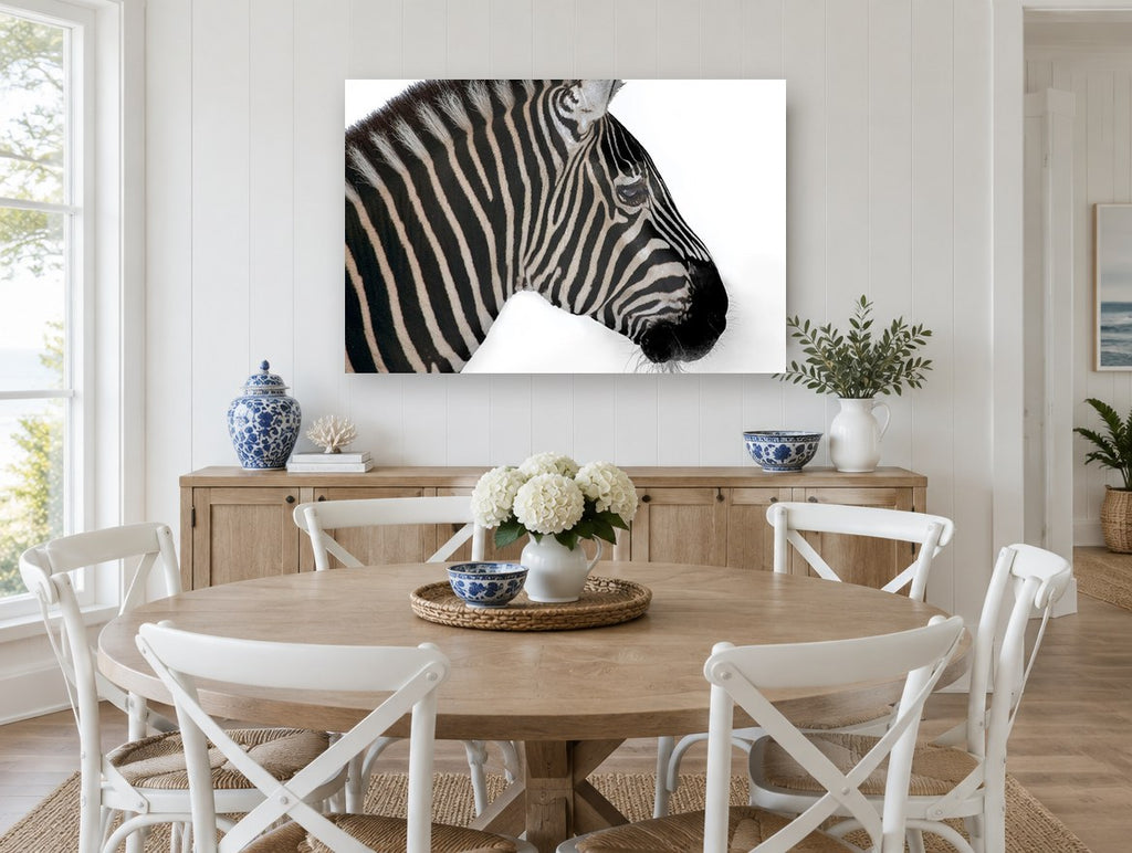 Zebra in Profile animal canvas print on the wall of a Hamptons dining room