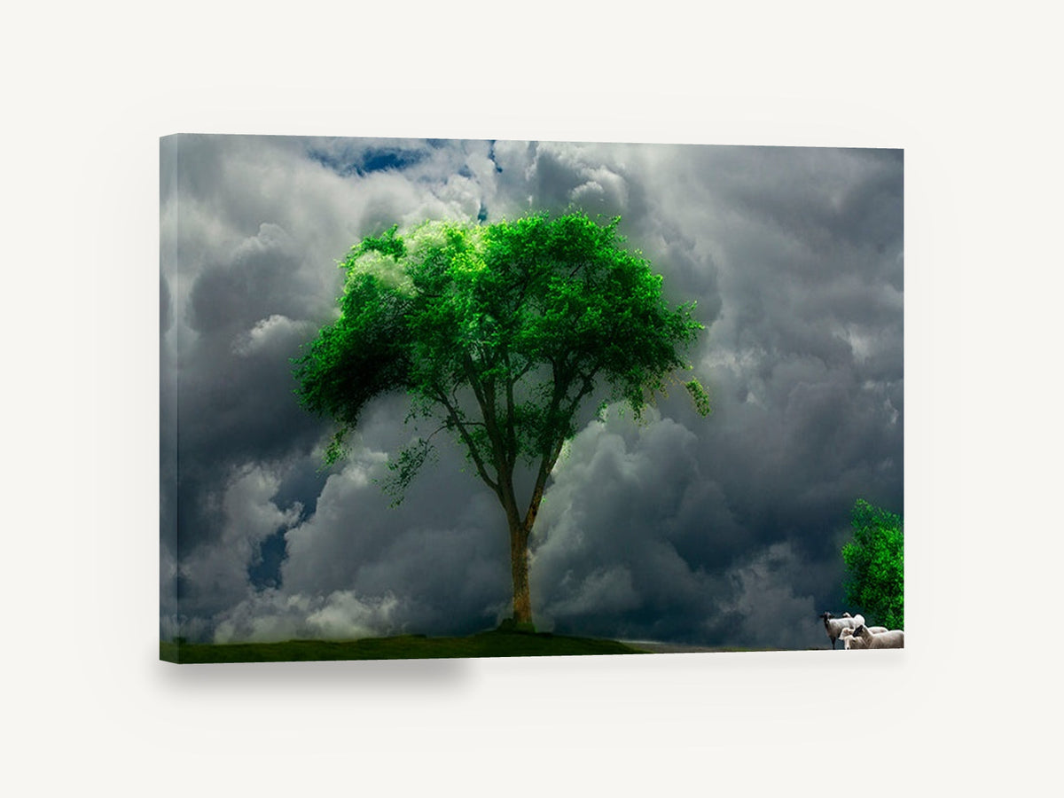 Storm Tree and Sheep, lone green tree stormy sky sheep, landscape canvas wall art print ready to hang