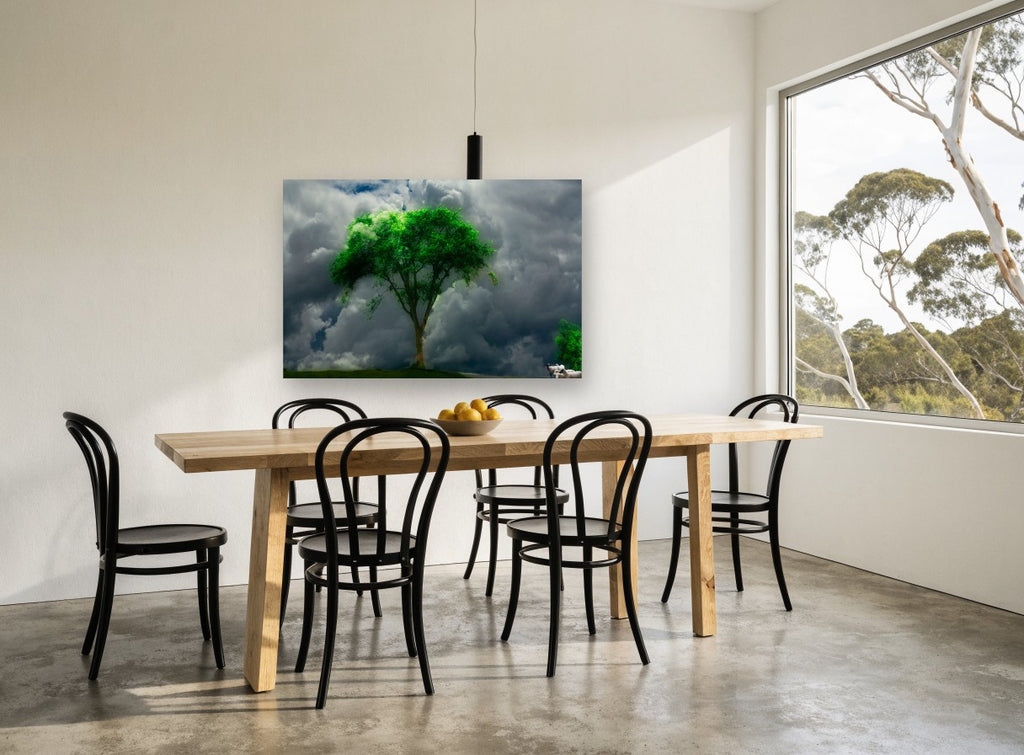 Storm Tree and Sheep landscape canvas print on the wall of a dining room