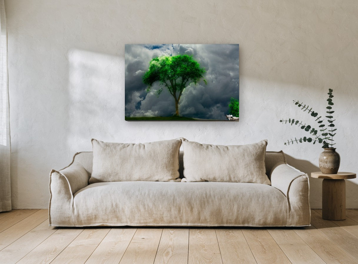 Storm Tree and Sheep landscape canvas print on the wall of a living room
