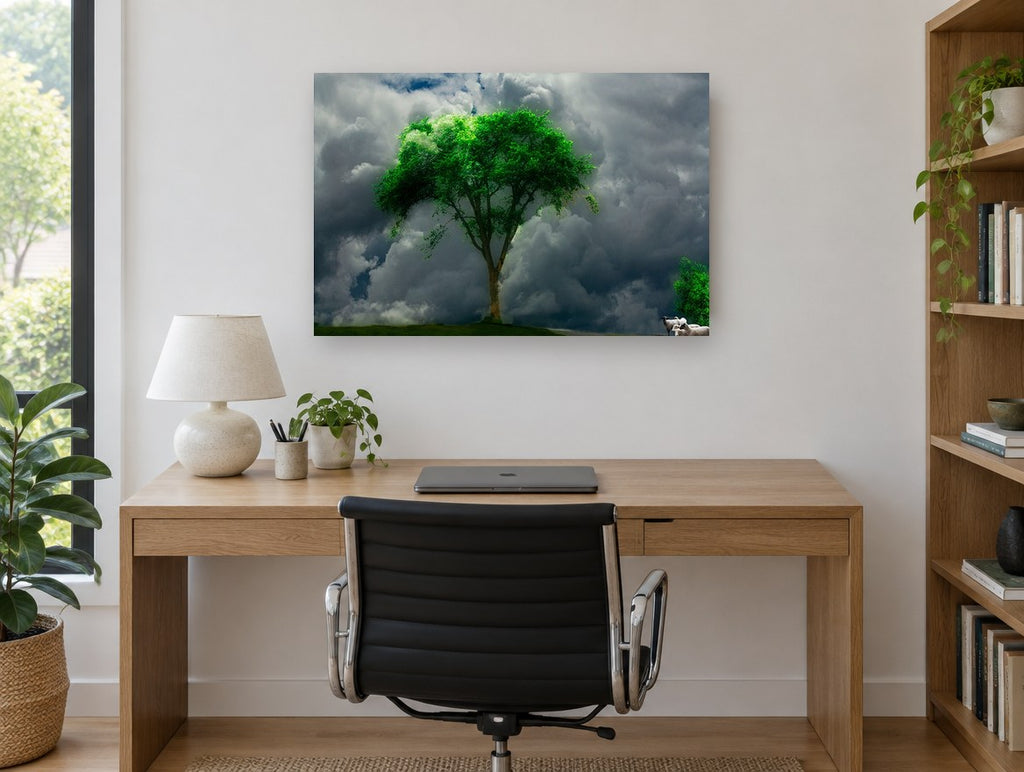 Storm Tree and Sheep landscape canvas print on the wall of a study