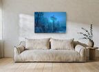 Blue Glow Ice Woods landscape canvas print on the wall of a living room