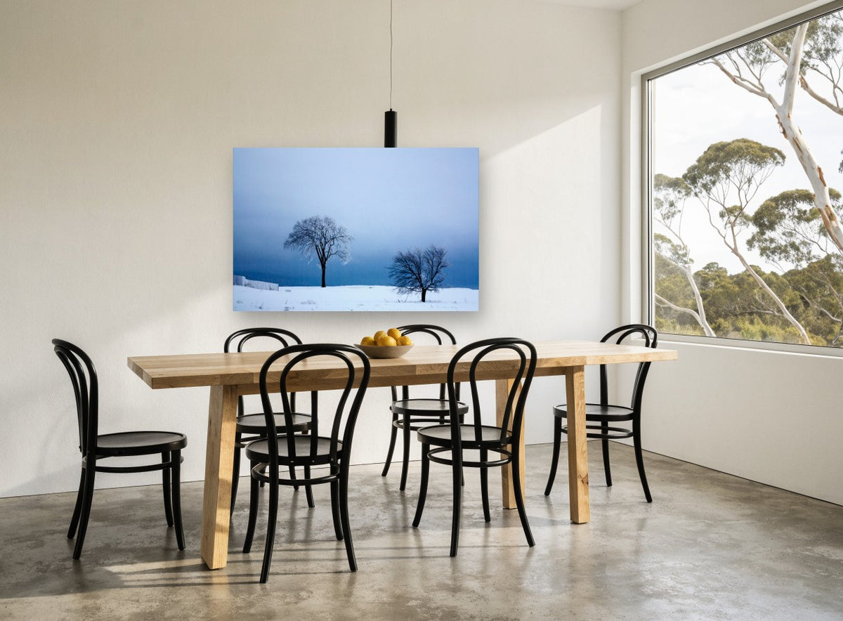 Two Trees in Winter landscape canvas print on the wall of a dining room