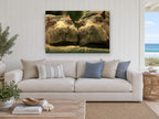 Hippo Pair Cheek to Cheek animal canvas print on the wall of a beach house living room