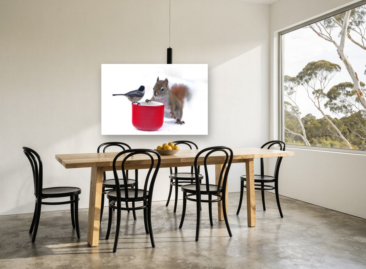 Chickadee and Squirrel animal canvas print on the wall of a dining room