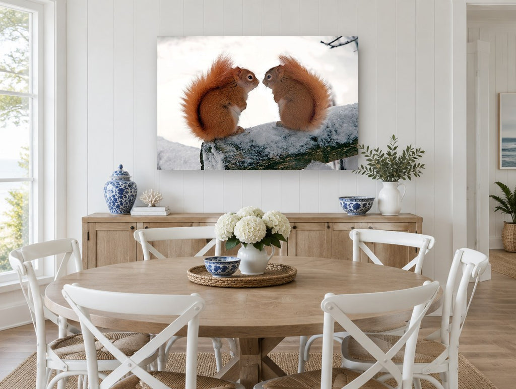 Winter Squirrel Pair landscape canvas print on the wall of a Hamptons dining room