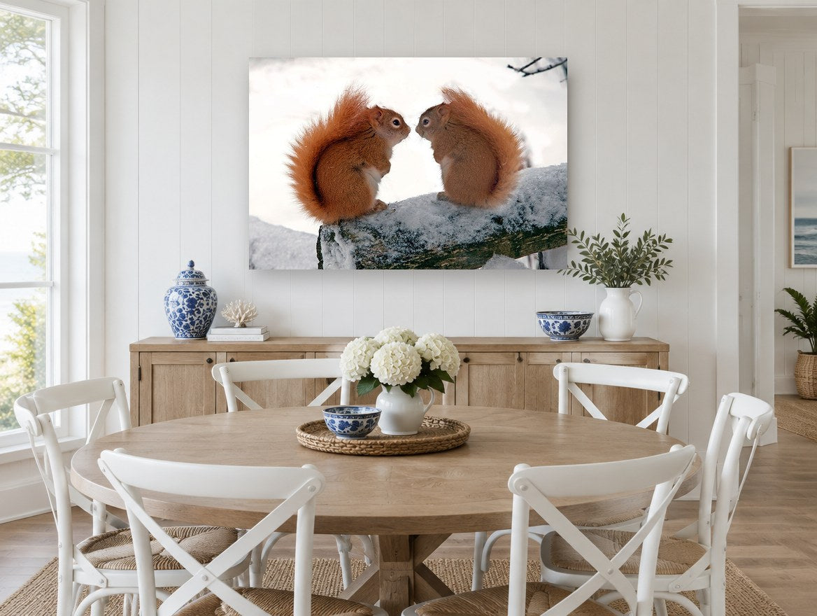 Winter Squirrel Pair landscape canvas print on the wall of a Hamptons dining room