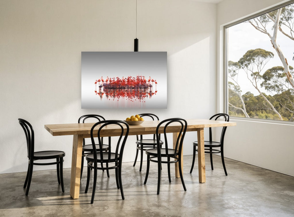 Flamingo Gathering landscape canvas print on the wall of a dining room