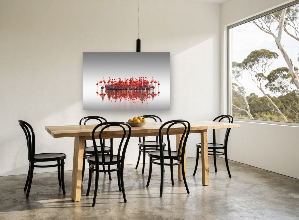 Flamingo Gathering landscape canvas print on the wall of a dining room