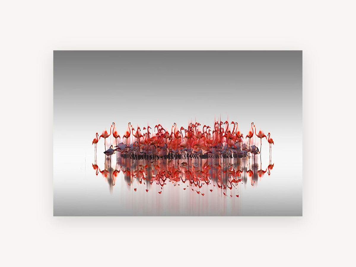 Flamingo Gathering, red flamingo flock reflection photograph, landscape canvas wall art print, front view