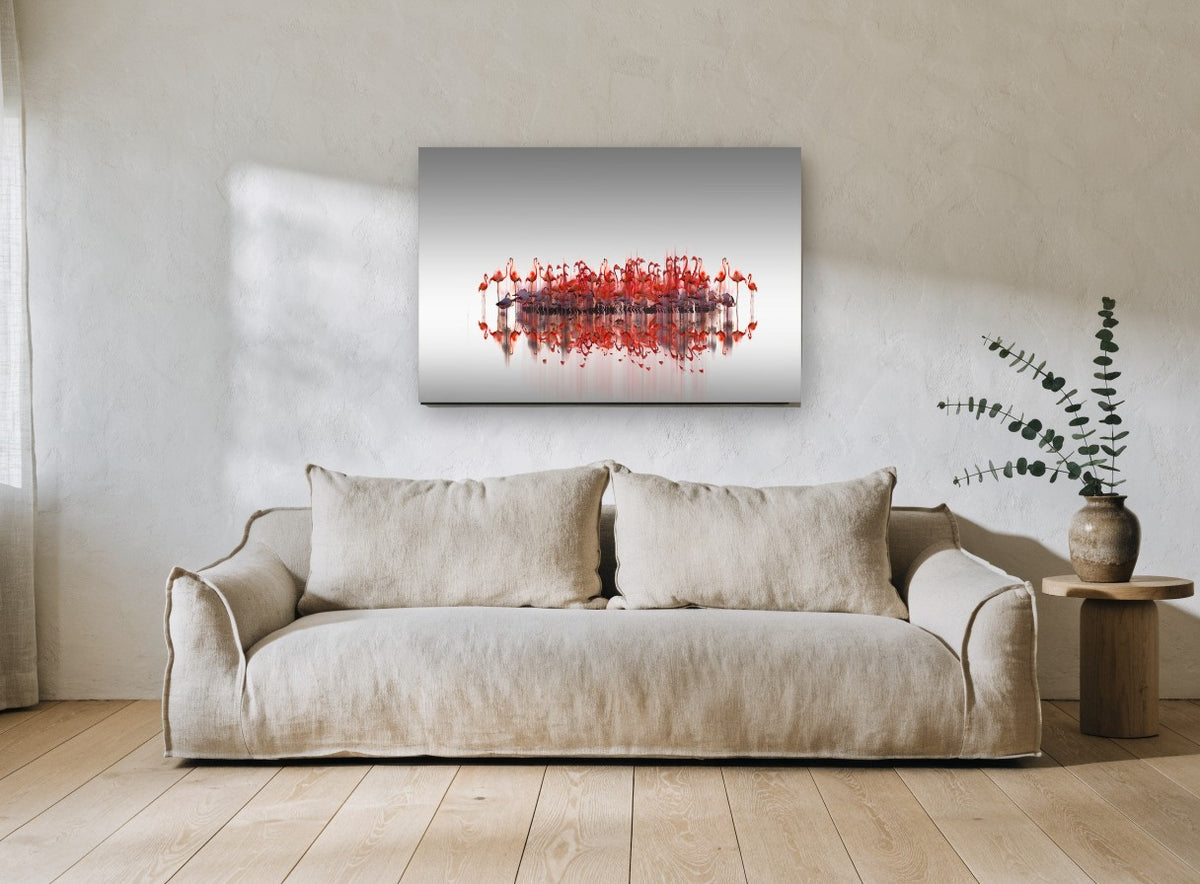 Flamingo Gathering landscape canvas print on the wall of a living room