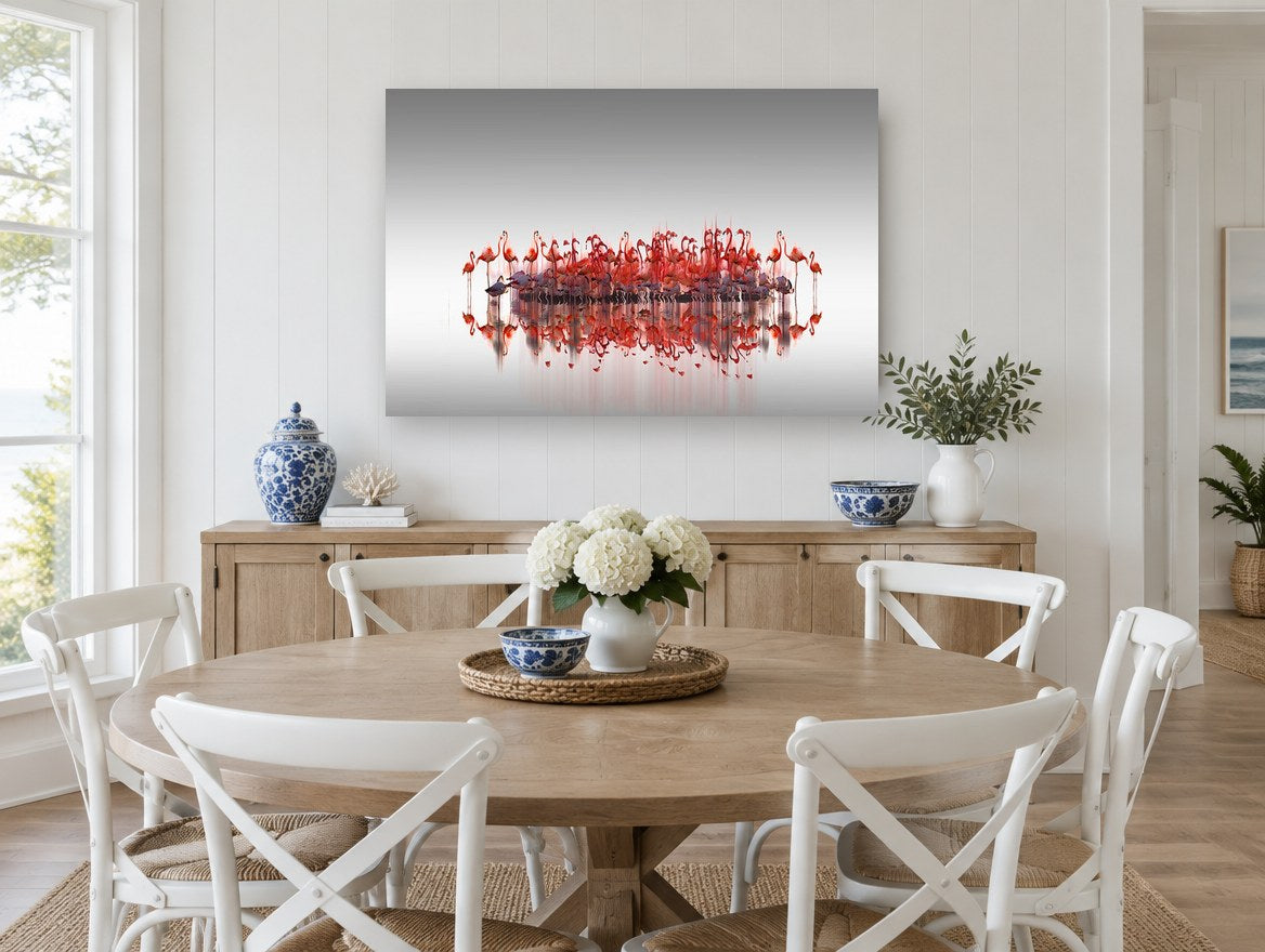 Flamingo Gathering landscape canvas print on the wall of a Hamptons dining room