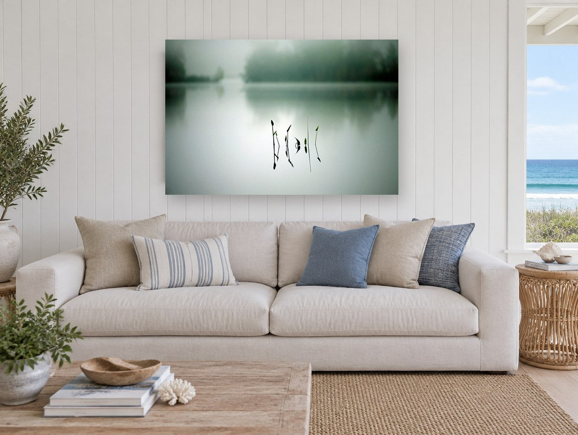 Still Water Shoots landscape canvas print on the wall of a beach house living room