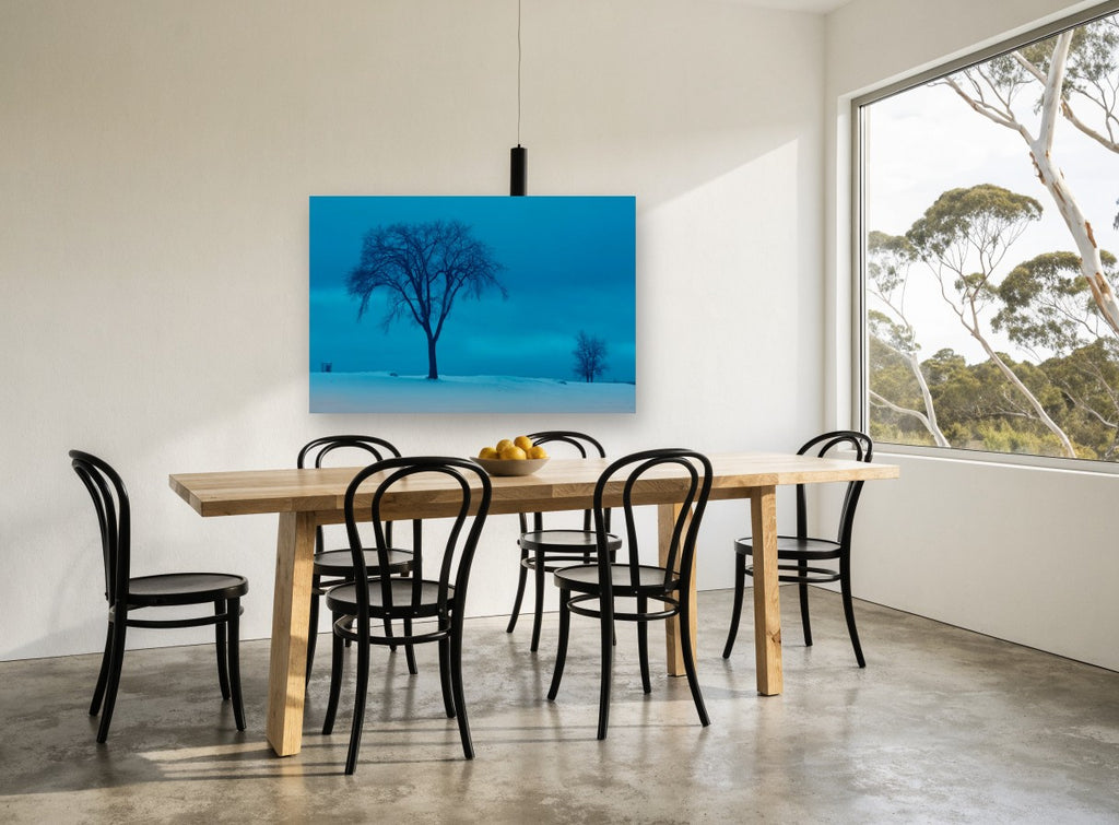 Blue Hour Winter Elm landscape canvas print on the wall of a dining room