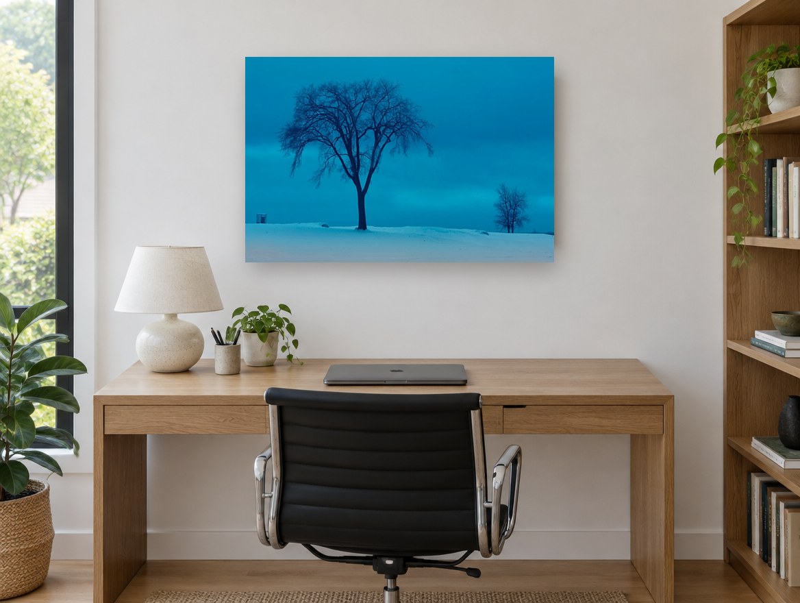 Blue Hour Winter Elm landscape canvas print on the wall of a study
