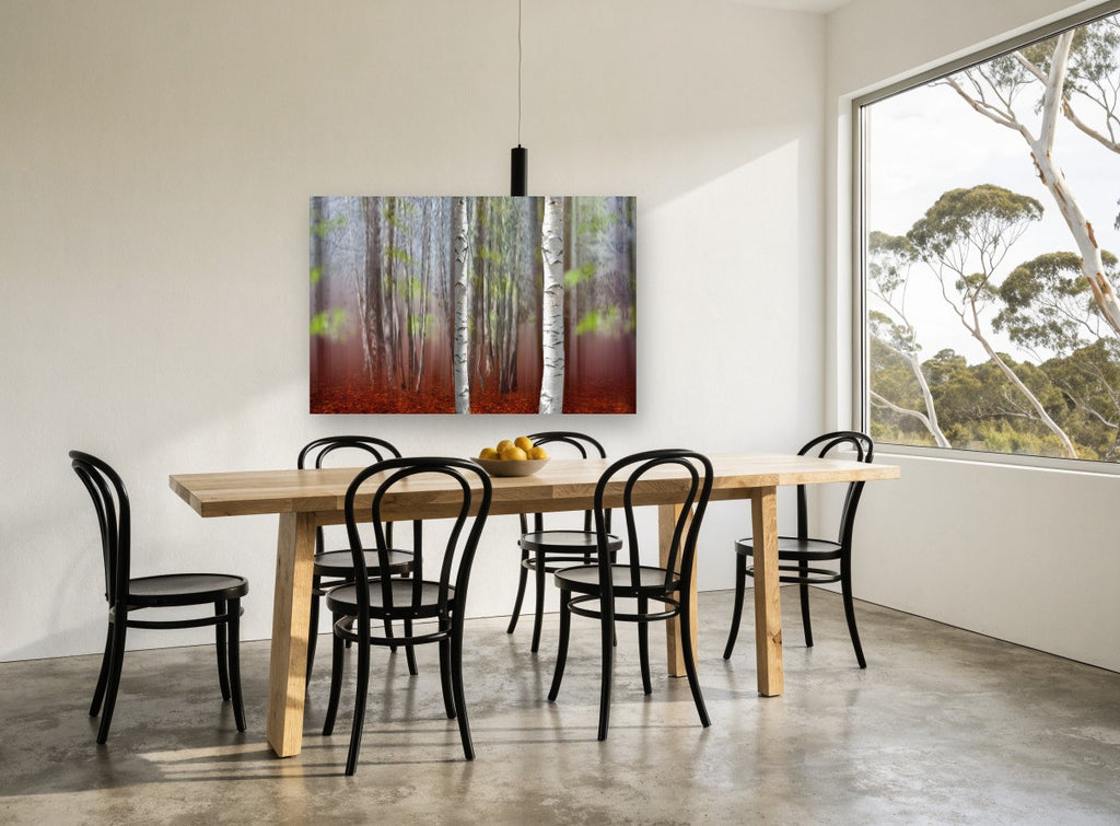 Two Birches in Rust landscape canvas print on the wall of a dining room