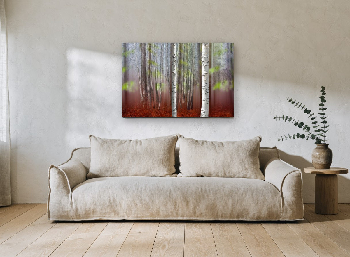 Two Birches in Rust landscape canvas print on the wall of a living room