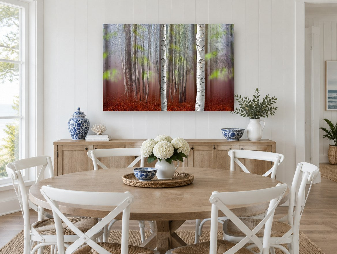 Two Birches in Rust landscape canvas print on the wall of a Hamptons dining room