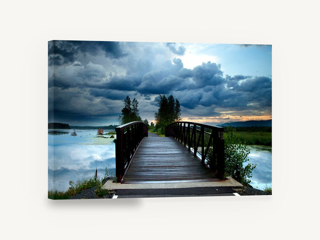 Storm Light Footbridge, wooden footbridge stormy lake photograph, landscape canvas wall art print ready to hang