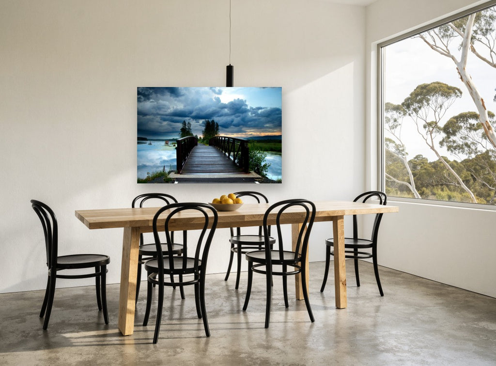 Storm Light Footbridge landscape canvas print on the wall of a dining room