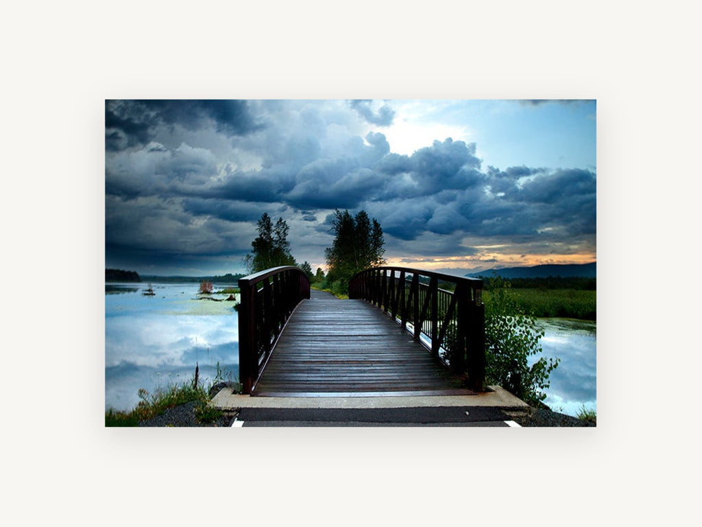 Storm Light Footbridge, wooden footbridge stormy lake photograph, landscape canvas wall art print, front view
