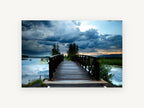 Storm Light Footbridge, wooden footbridge stormy lake photograph, landscape canvas wall art print, front view
