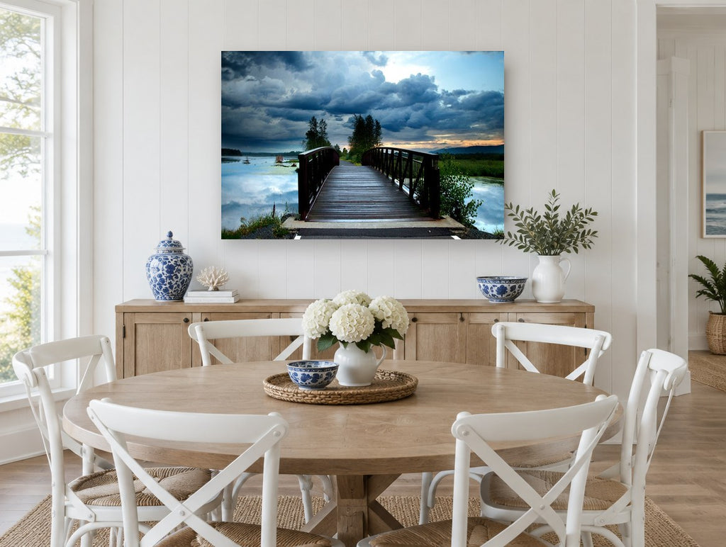 Storm Light Footbridge landscape canvas print on the wall of a Hamptons dining room