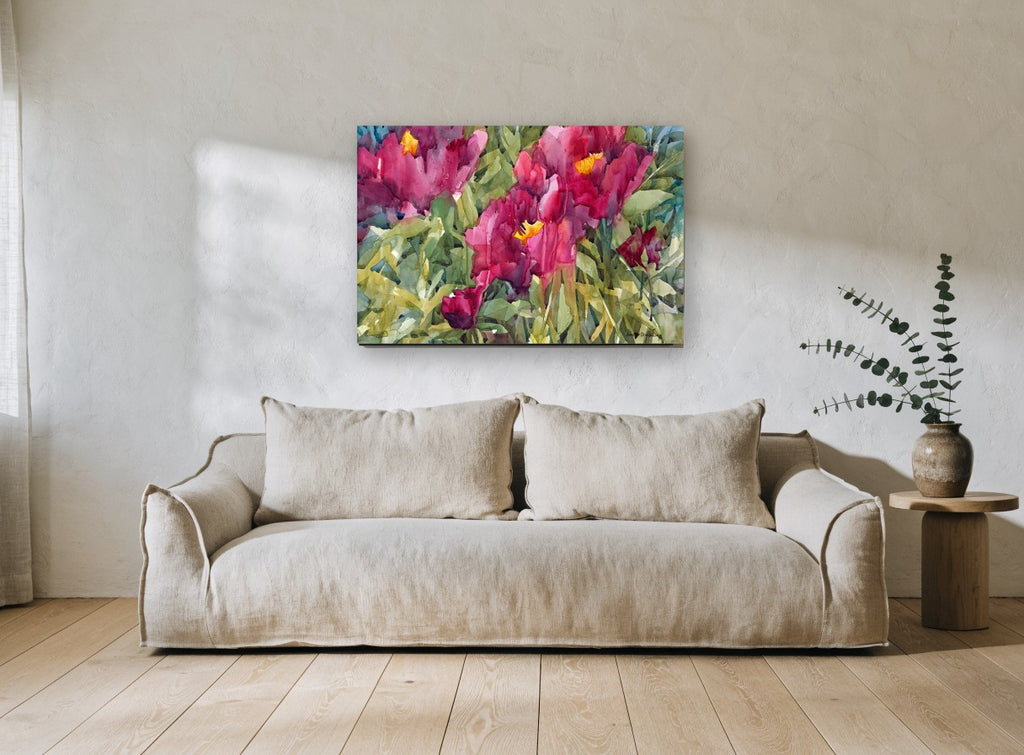 Crimson Garden Bloom floral canvas print on the wall of a living room