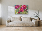 Crimson Garden Bloom floral canvas print on the wall of a living room