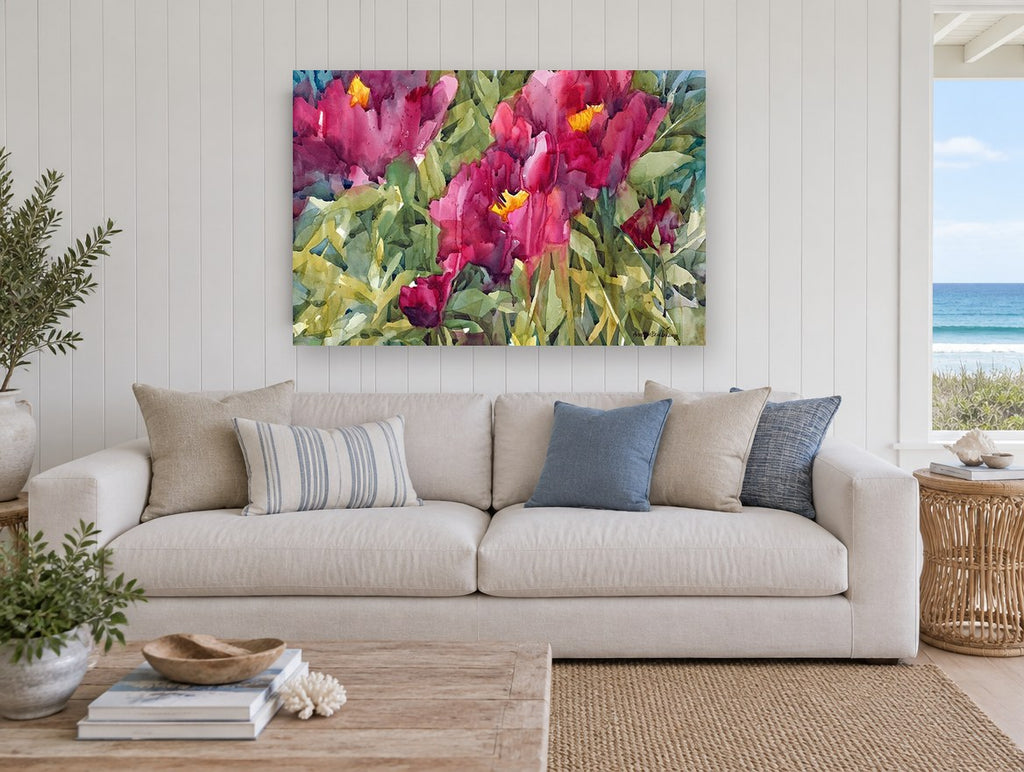 Crimson Garden Bloom floral canvas print on the wall of a beach house living room