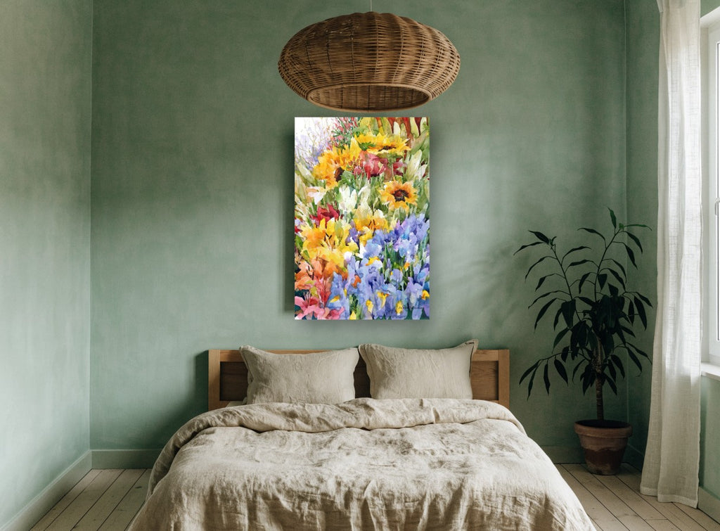 Sunflower and Iris Garden floral canvas print on the wall of a bedroom