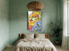 Sunflower and Iris Garden floral canvas print on the wall of a bedroom