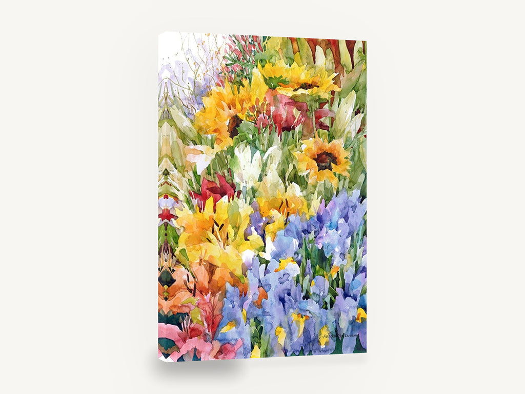 Sunflower and Iris Garden, sunflower and iris watercolour floral, floral canvas wall art print ready to hang