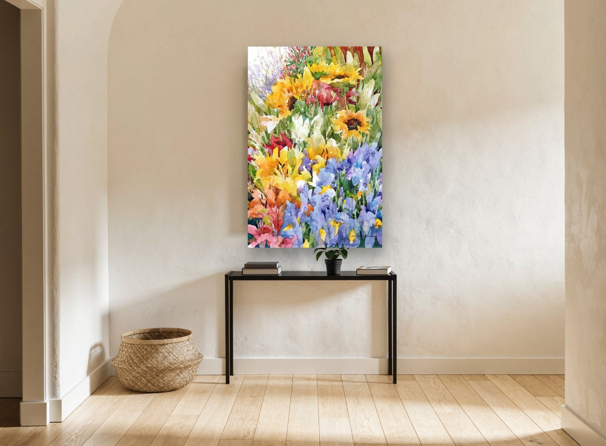 Sunflower and Iris Garden floral canvas print on the wall of a hallway