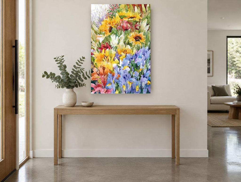 Sunflower and Iris Garden floral canvas print on the wall of a entry hall