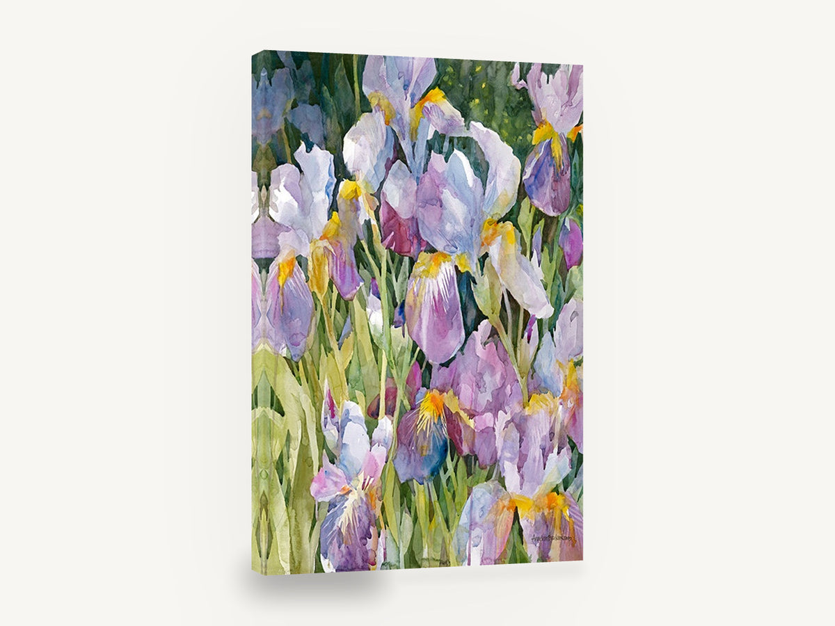 Iris Garden Gathering, purple iris garden watercolour floral, floral canvas wall art print ready to hang