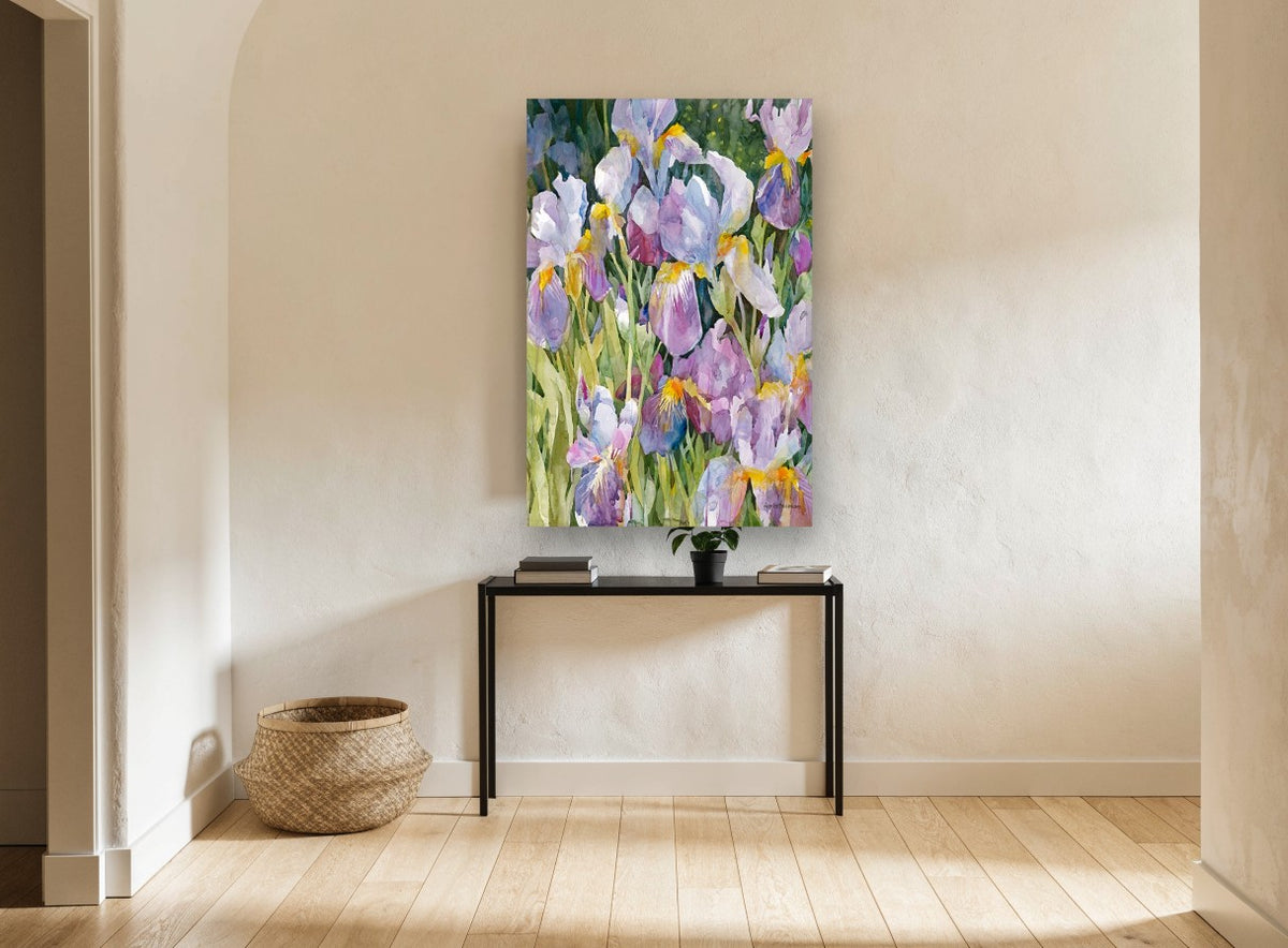 Iris Garden Gathering floral canvas print on the wall of a hallway